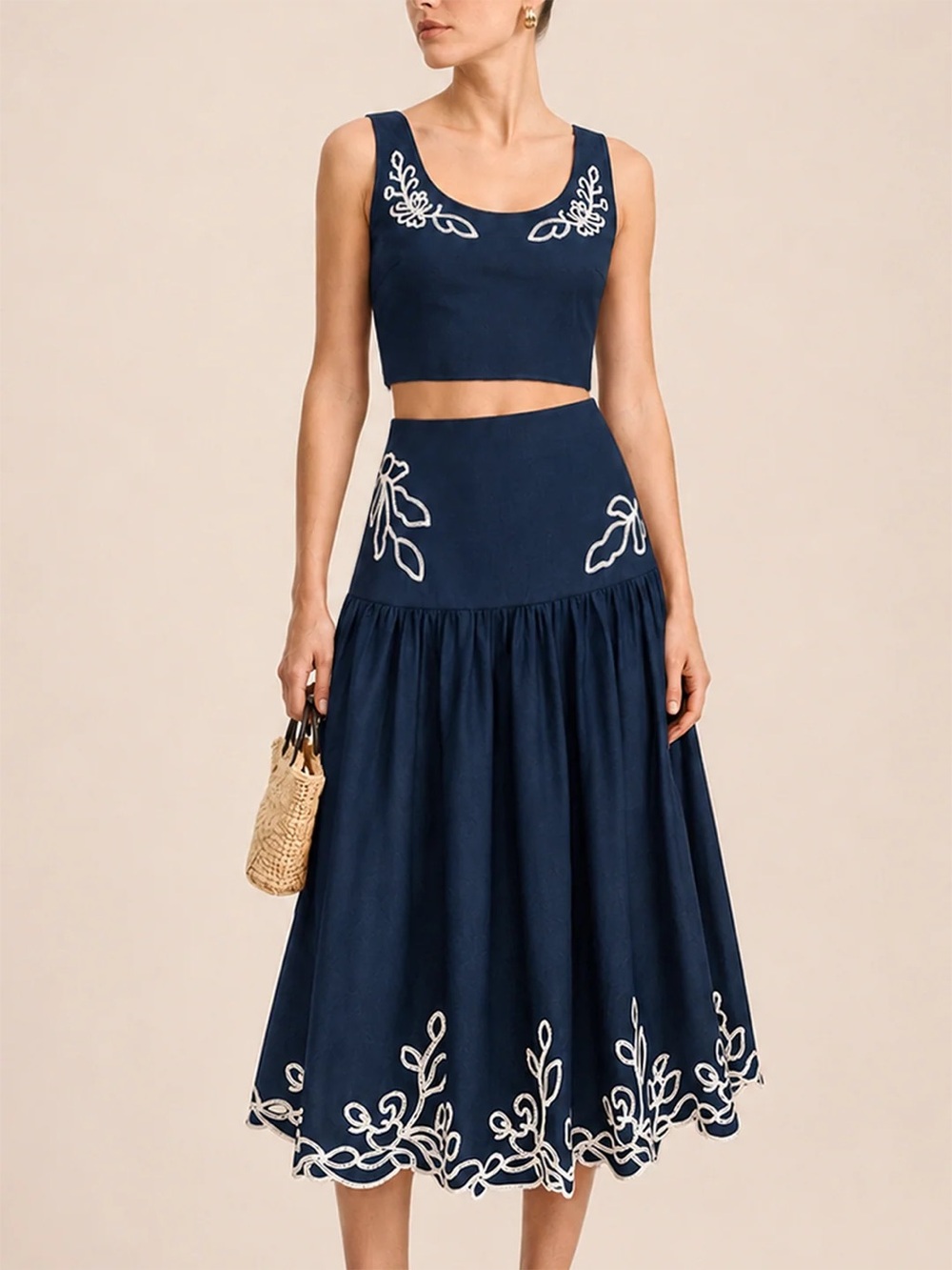 Commense Embroidered Cotton Linen Top & Midi Skirt Set